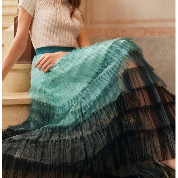 Classic Color Block Stretchy Waist Layered Tulle Maxi Skirt - Picture 3 of 12